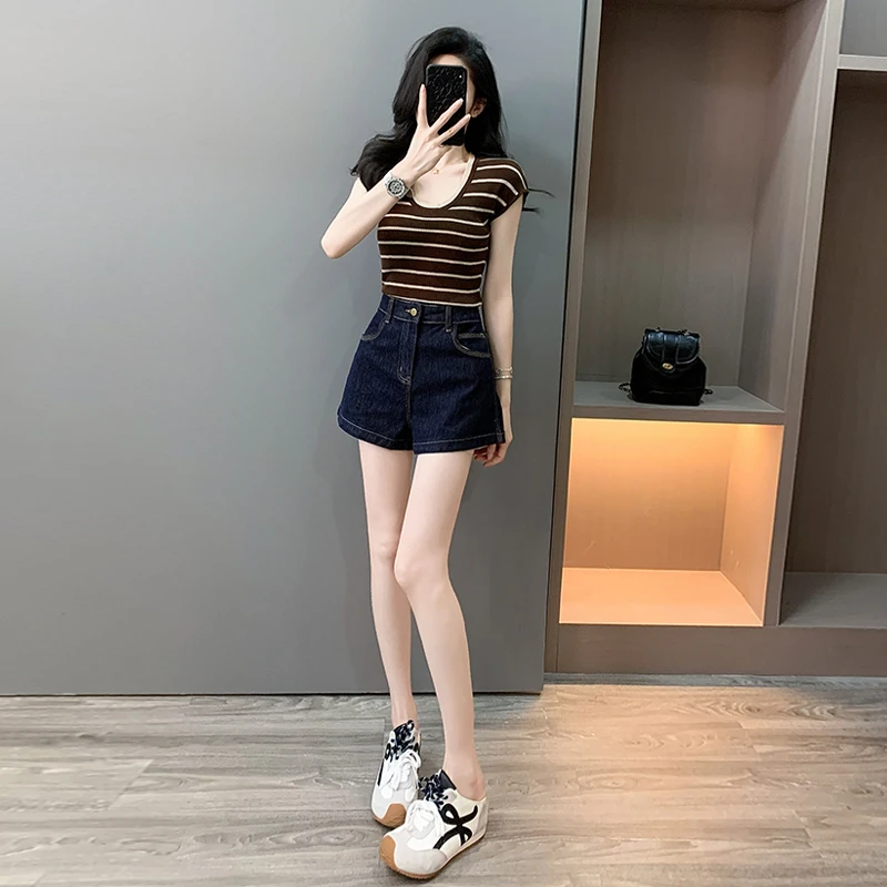 美式冰爽丝圆领条纹短袖T恤女短款上衣深色牛仔短裤夏季薄款热裤