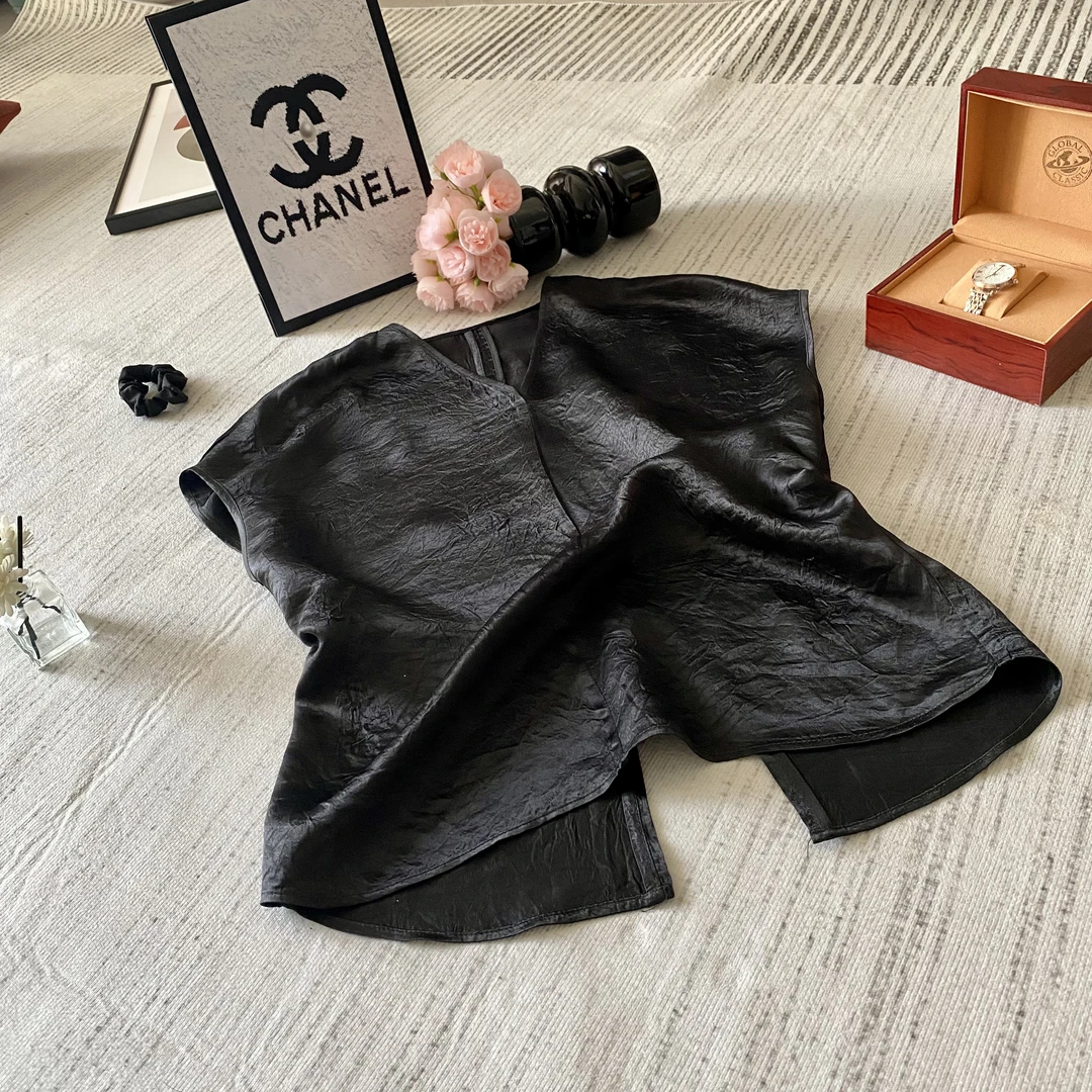 醋酸轻奢夏季爆款V领显瘦后开叉设计衬衫褶皱气质上衣休闲气质