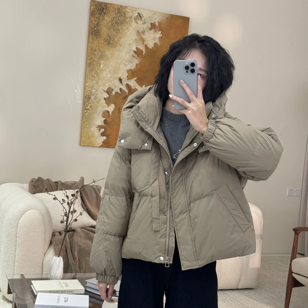 喜樂2024连帽纯色飘带白鸭绒羽绒服冬季新款百搭休闲保暖女士外套