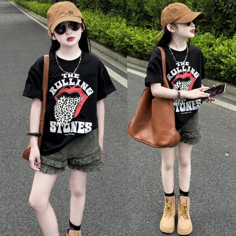 女童套装夏季2025新款儿童装韩系木耳边短裤T恤上衣洋气休闲套装