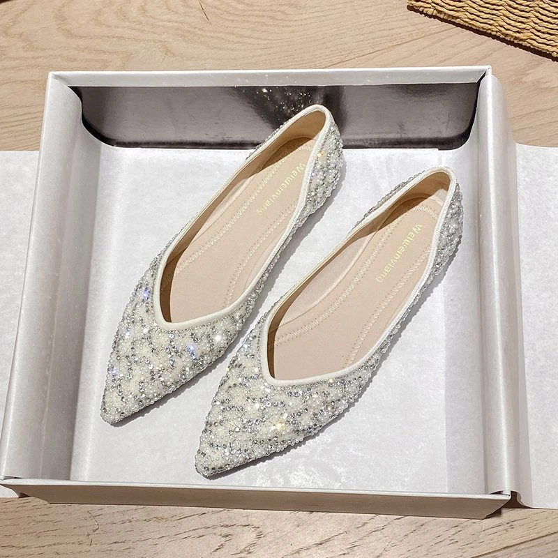 水钻仙女风灰色平底鞋尖头时尚豆豆鞋网红女鞋一脚蹬单鞋夏季百搭