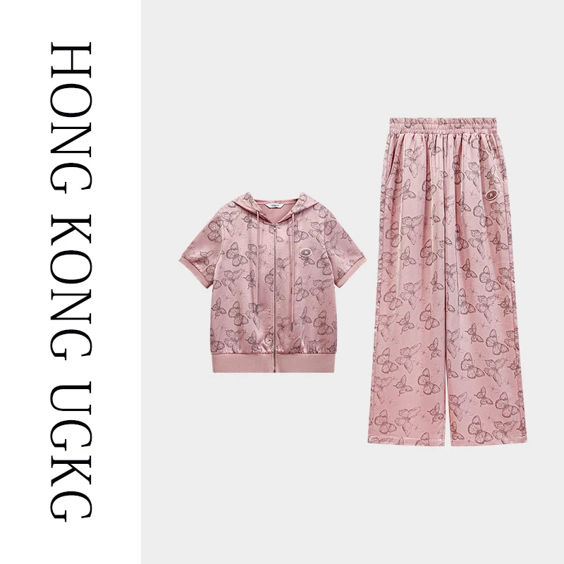 香港UGKG 夏装运动套装女夏季薄款连帽短袖T恤两件套73242ZH154