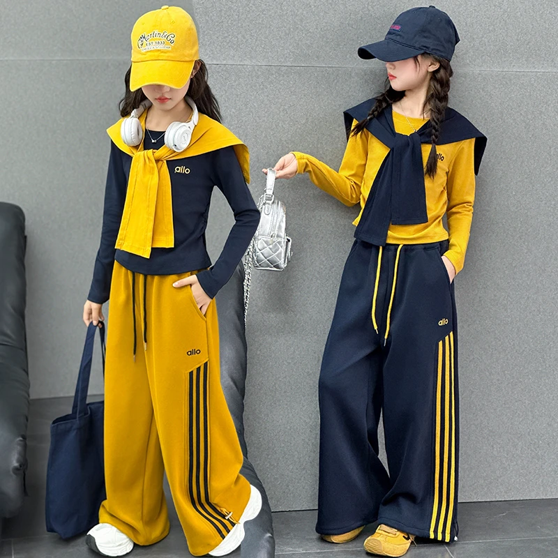 春秋韩系女童三件套时尚长袖套装新款潮酷痞帅童装披肩百搭工装裤