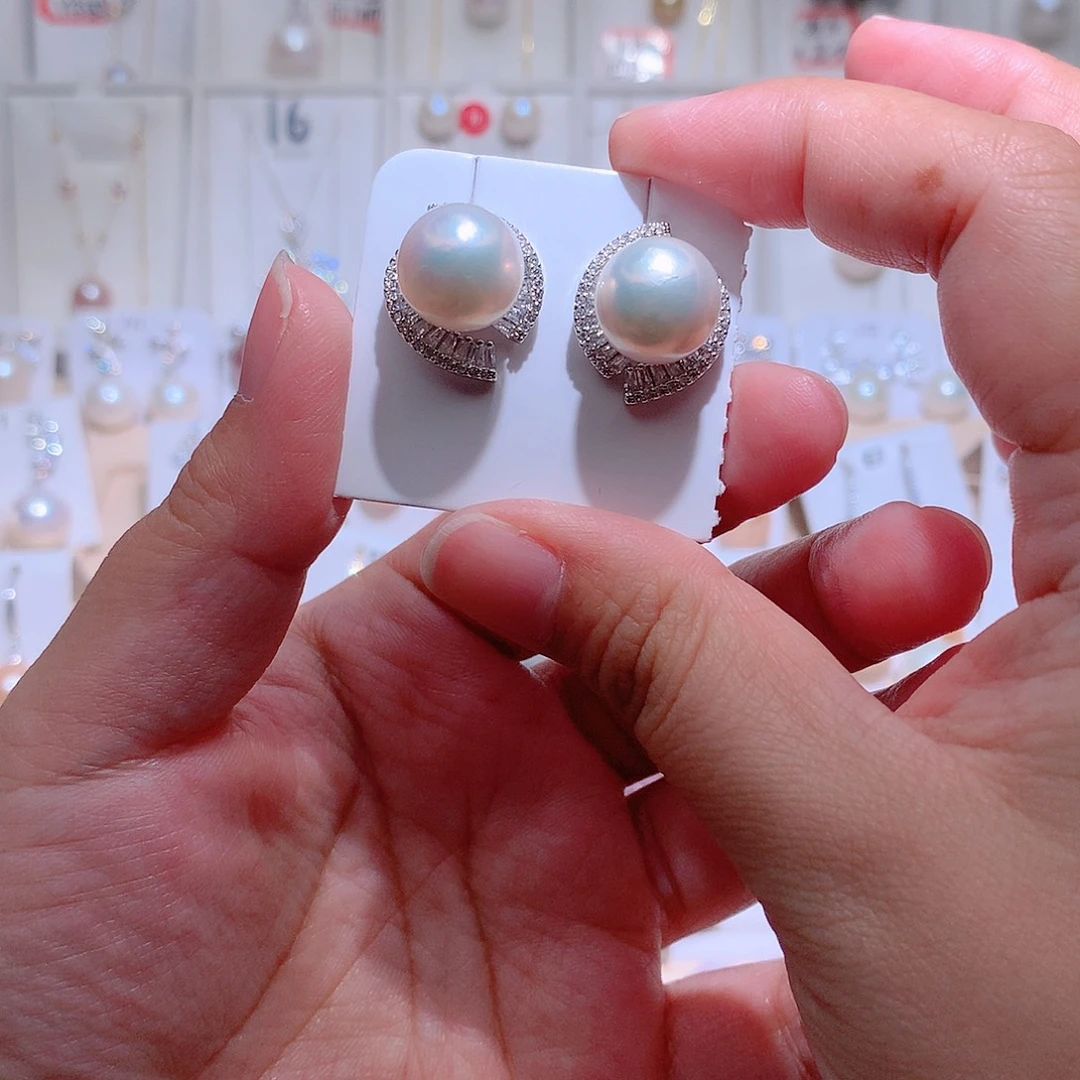 银S925镶嵌淡水珍珠耳饰CC12.3mm