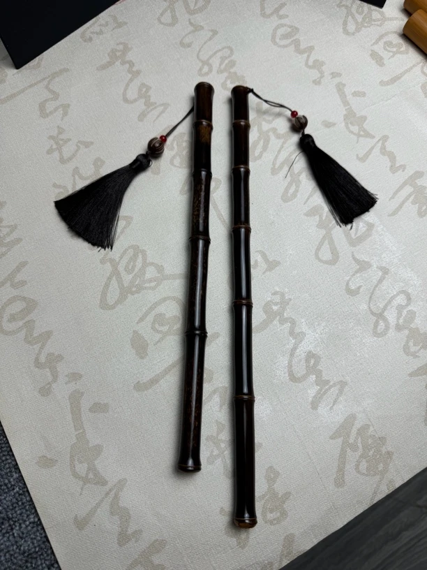 紫竹手持把玩件老料密节带流苏配饰空心的