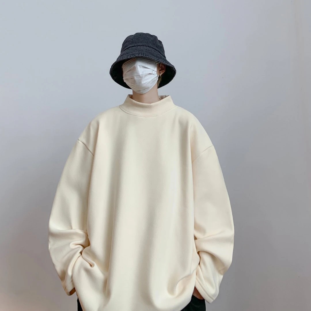 长袖T恤男秋冬百搭内搭打底衫半高领德绒纯色套头ins潮宽松上衣