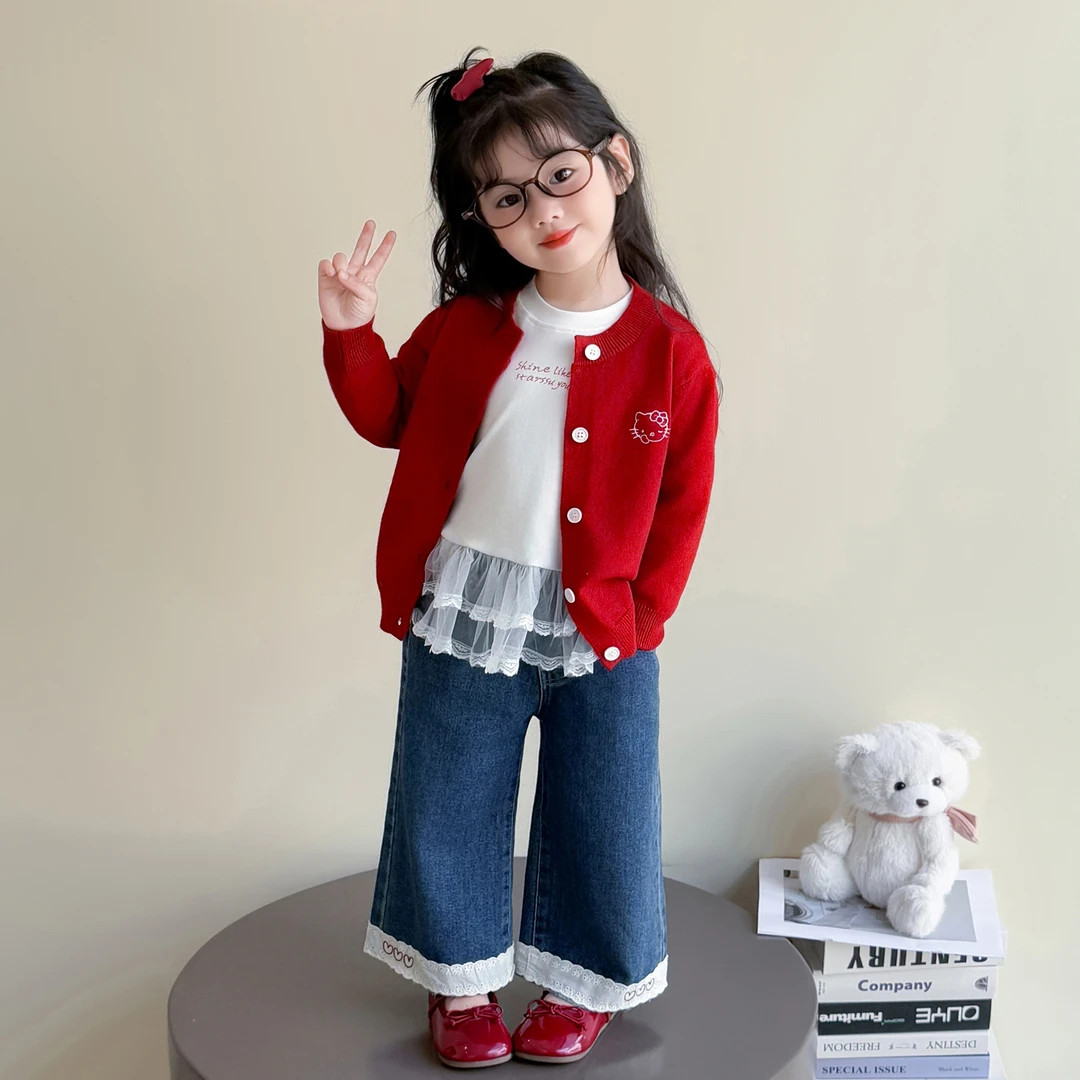 女童秋装毛衣开衫新款洋气儿童花边蕾丝打底衫女宝春秋牛仔裤套装