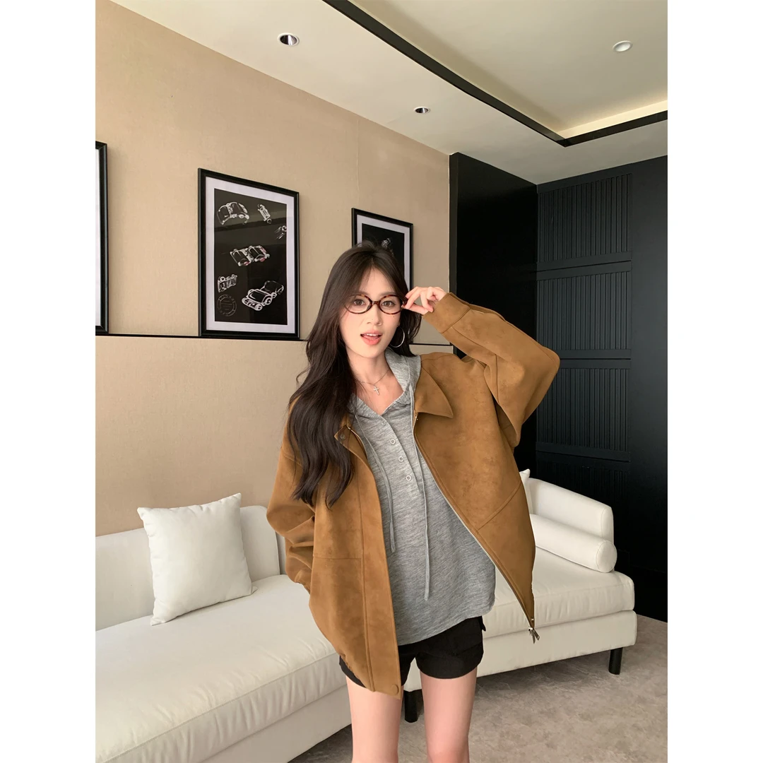 棕色翻领鹿皮绒夹克外套女秋季2025复古美拉德时尚宽松拉链上衣