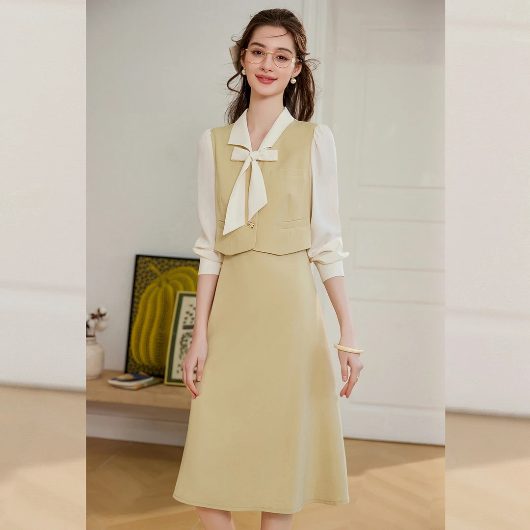 【黄蓉推荐】&白鹿语25春假两件时尚翻领系带长袖连衣裙WBY20056