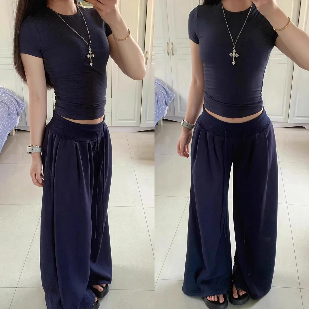 美式复古宽松阔腿裤女秋季2025新款低腰抽绳休闲裤慵懒垂感运动裤