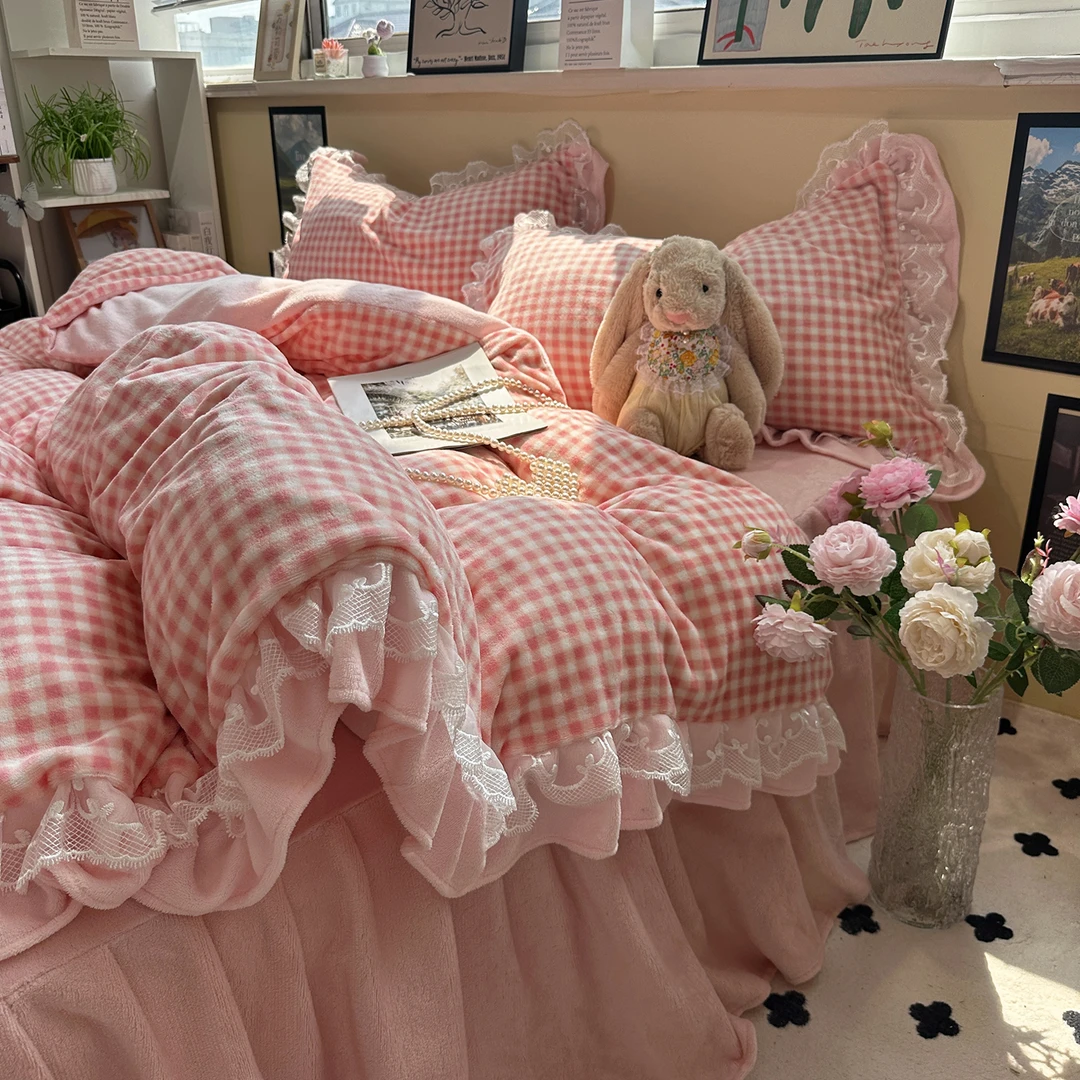 加厚牛奶绒床裙四件套公主风双面绒花边被套法兰绒加绒保暖三件套