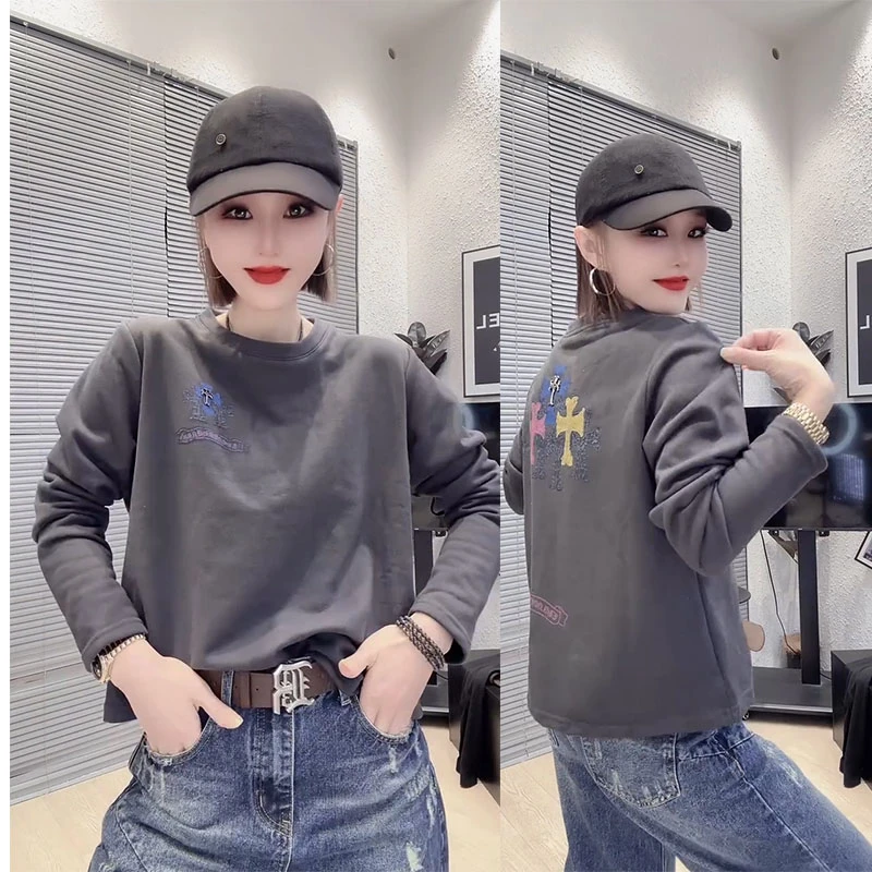 高级灰抗起球圈棉彩印T恤2025秋季新款宽松遮肉百搭洋气长袖上衣