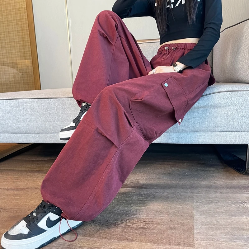 安可拉红加绒工装裤女秋冬新款高腰显瘦休闲宽松抽绳运动阔腿裤潮