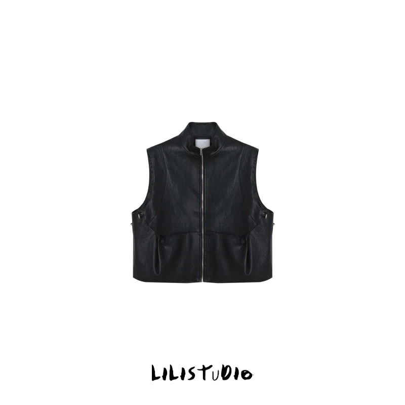 PCNY「立领皮马甲」不理理春季新款女装时尚简约酷飒无袖皮马甲女