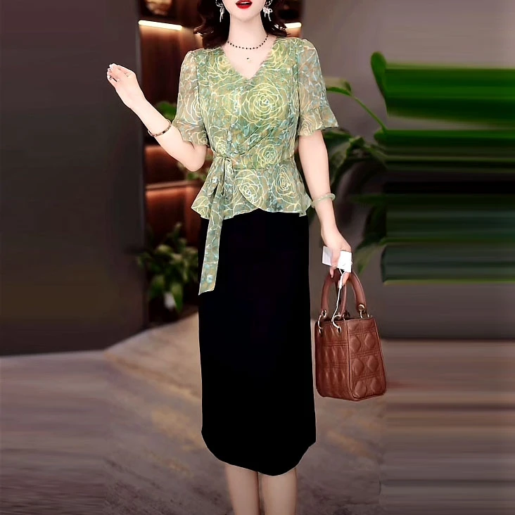 水晶琉璃丝时尚优雅假两件连衣裙2025夏季新款气质修身减龄A字裙