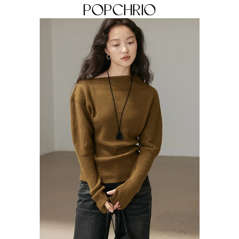 POPCHRIO欧可芮复古斜肩羊毛针织衫灯笼袖收腰套头打底毛衣女冬