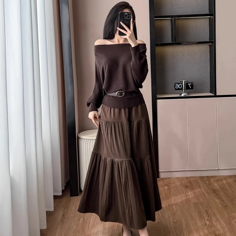 名媛风高级感一字领针织上衣半身长裙两件套装女春秋冬季2025新款