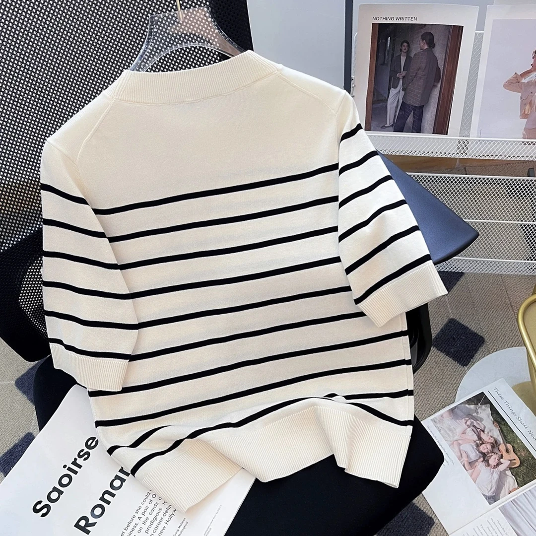 「海派条纹」春季新款100棉正肩圆领中袖细条纹针织体恤C0123