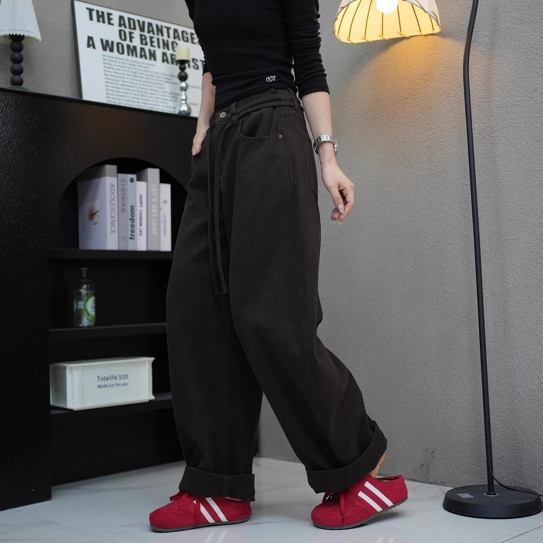 秋冬可可棕加绒加厚休闲裤女2025新款梨型身材显瘦老爹弯刀阔腿裤