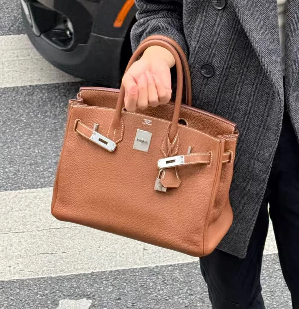 99新 Hermes/爱马仕 birkin30 金棕银扣 togo皮 框O刻