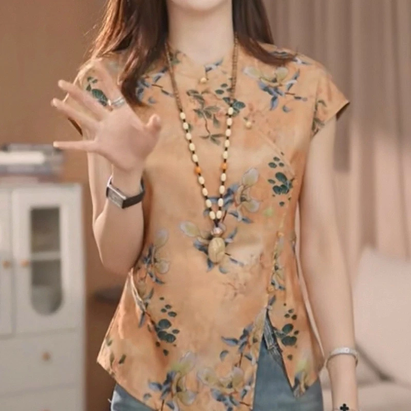 新中式桑蚕 丝上衣女装夏季新款衬衣气质国风改良旗袍短袖衬衫