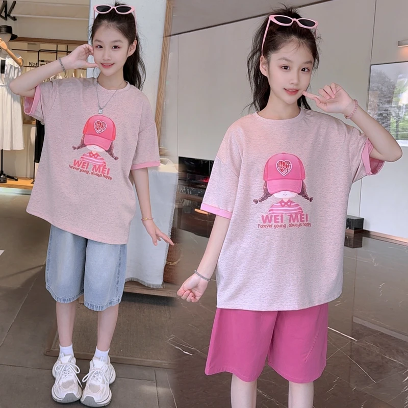 女童夏季休闲套装夏季儿童洋气卡通印花短袖T恤大童运动五分裤潮T