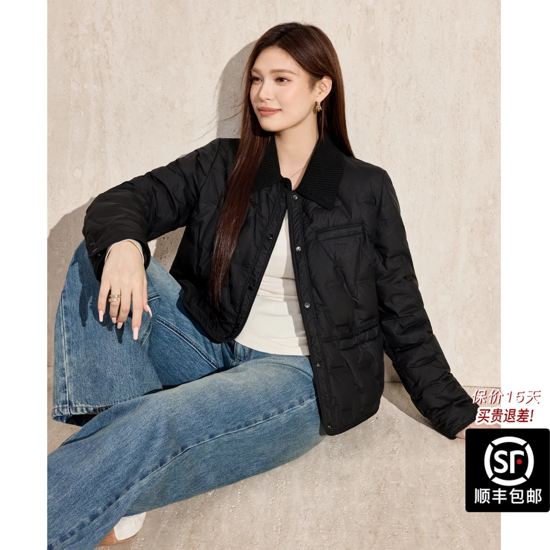 蓝语大码拼接针织领轻薄羽绒服2025秋冬黑色时尚休闲90白鸭绒外套