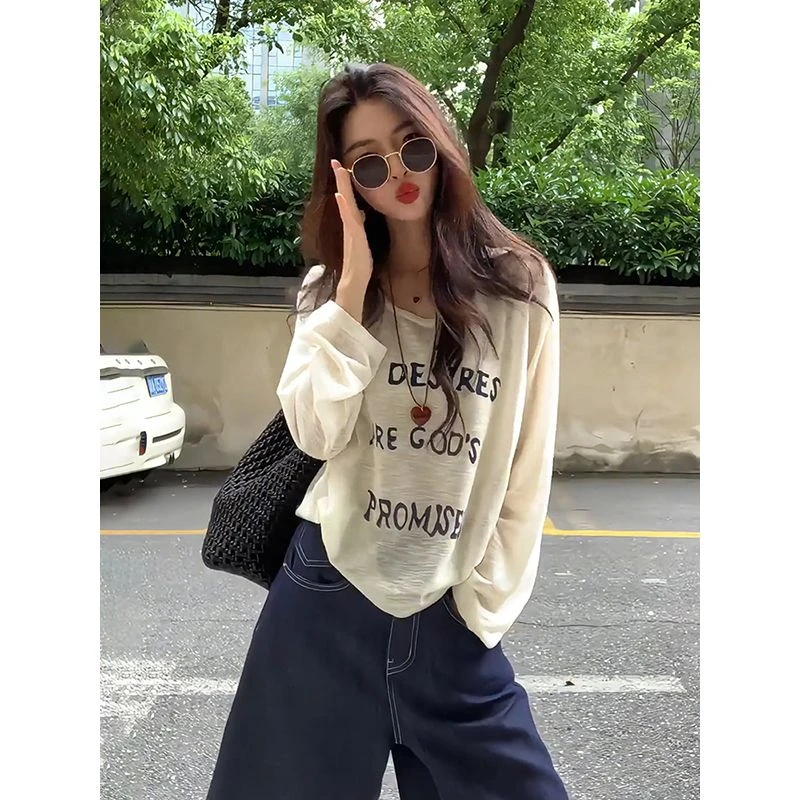 2025春秋季新款韩版长袖T恤女设计感韩版印花字母薄款打底衫上衣