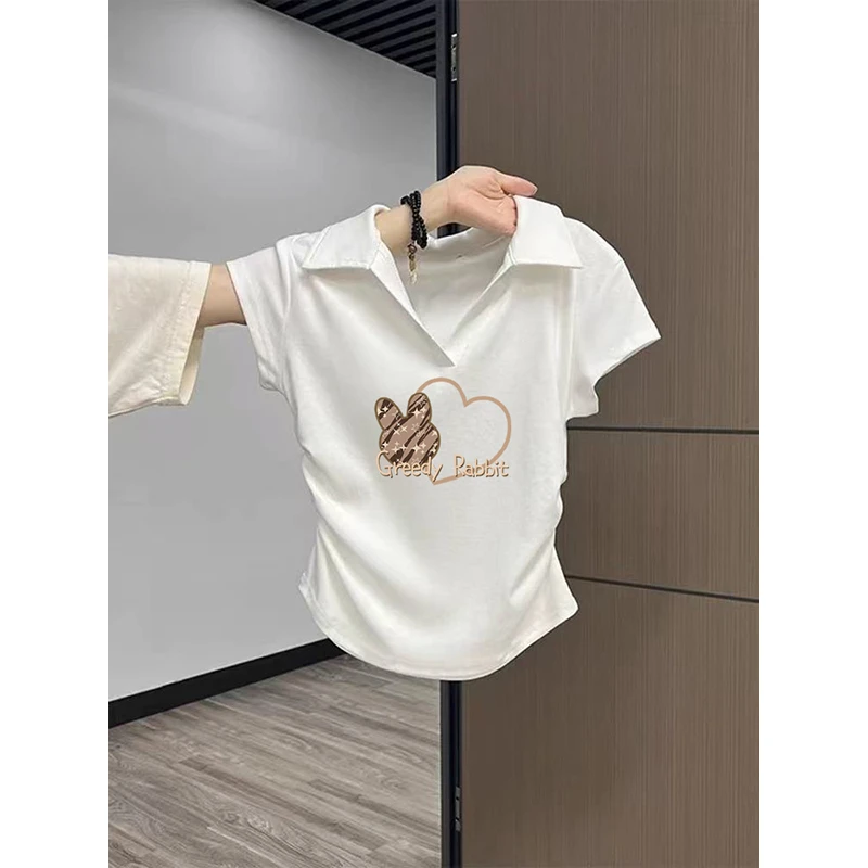 polo衫短袖t恤女夏季新款修身褶皱翻领短款小个子纯棉上衣体恤女