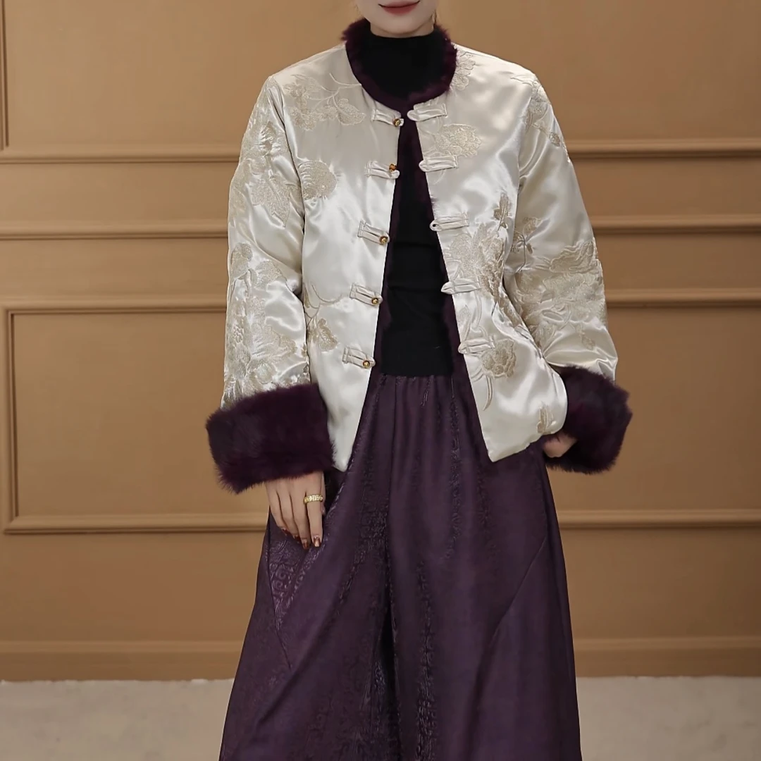 【羽裳】圆领刺绣厚款加厚保暖长袖上衣新中式时尚双面双穿国风外套