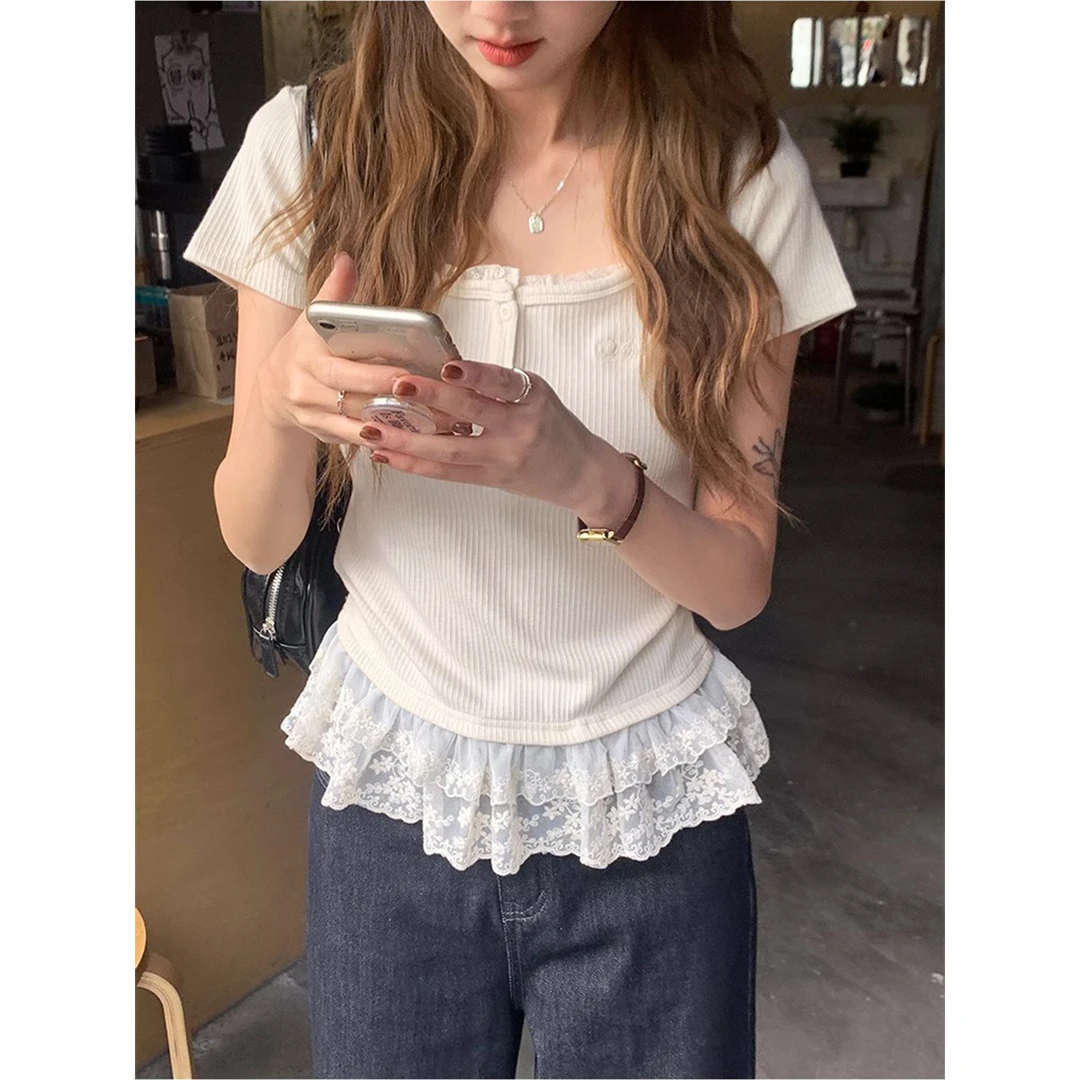 2025夏季纯欲风蕾丝花边刺绣短袖t恤芭蕾风气质修身显瘦短款上衣