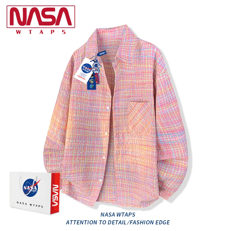 NASA WTAPS美式街头格纹泡泡纱衬衣男秋季潮牌新款长袖衬衫上衣男