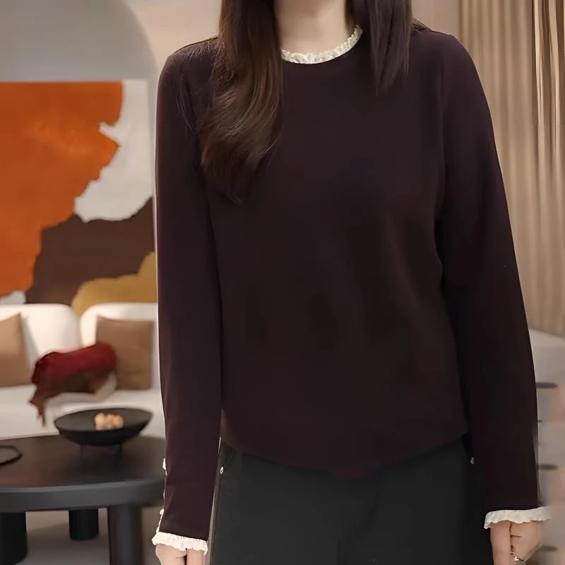 大码花边领T恤女款2025新款爆款时尚洋气春季双面德绒保暖打底衫