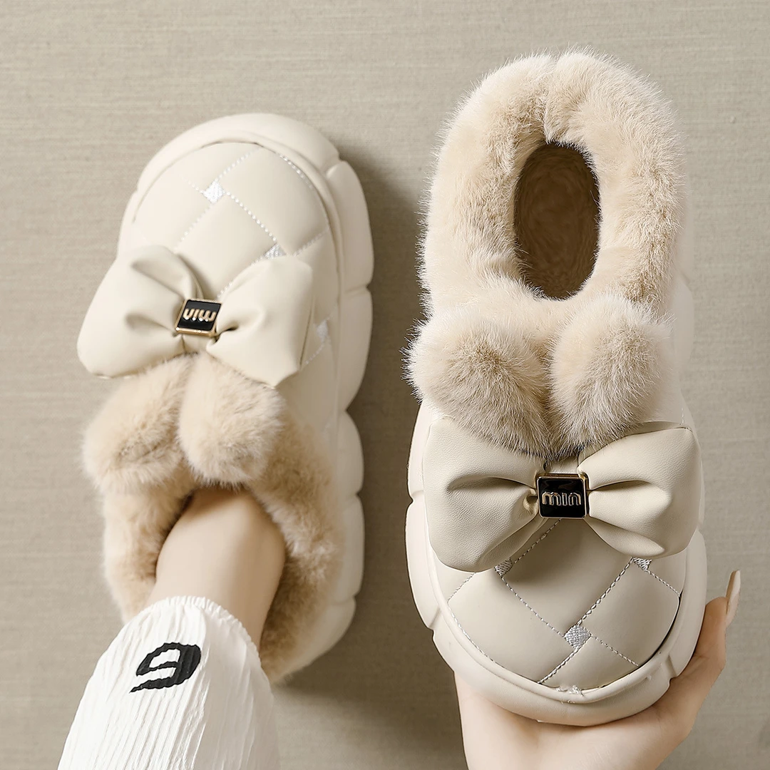 蝴蝶结棉鞋雪地靴包跟棉鞋女室内加绒厚底防滑保暖棉拖鞋秋冬批发