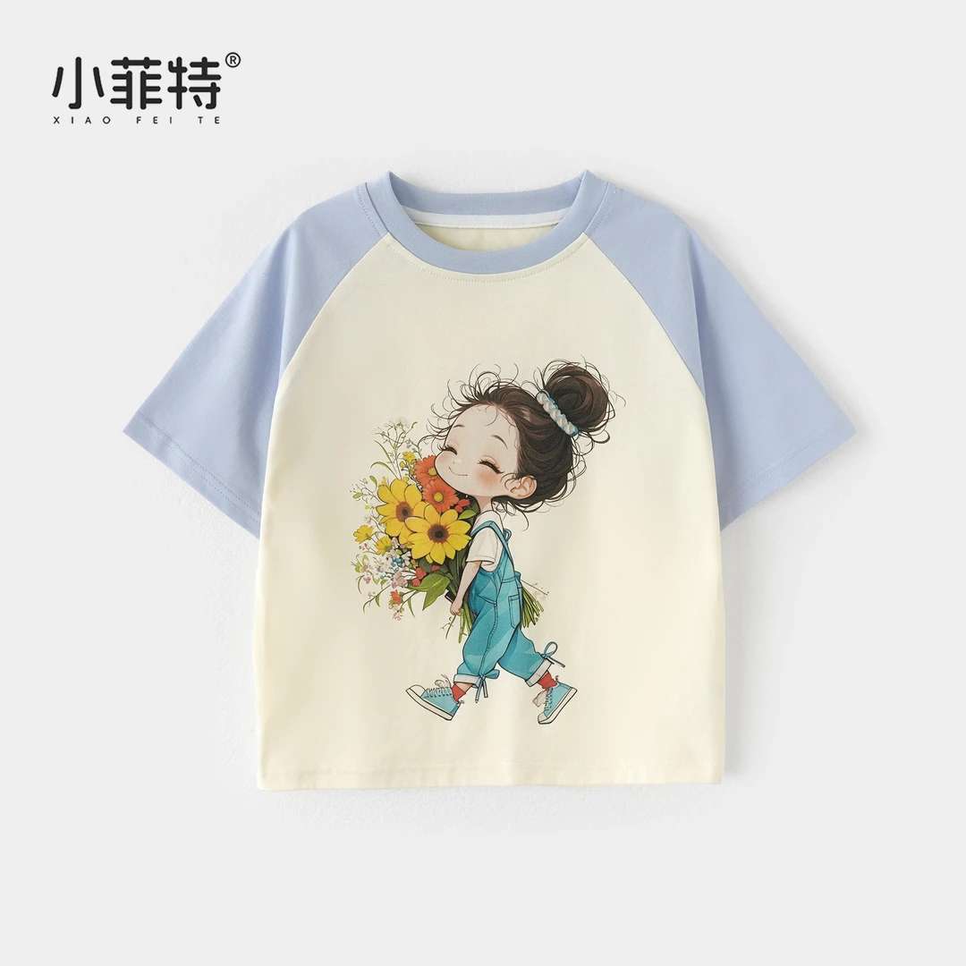 小菲特夏季新款女童卡通印花插肩袖短袖t恤女宝薄款半袖HLYX51129