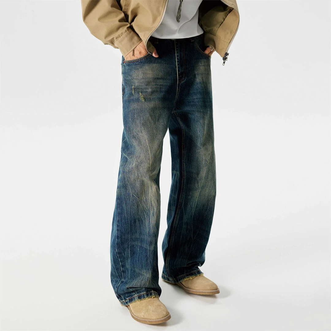 GTRG男女日系街头刮烂水纹设计感长裤简约重磅马骝宽松微喇牛仔裤