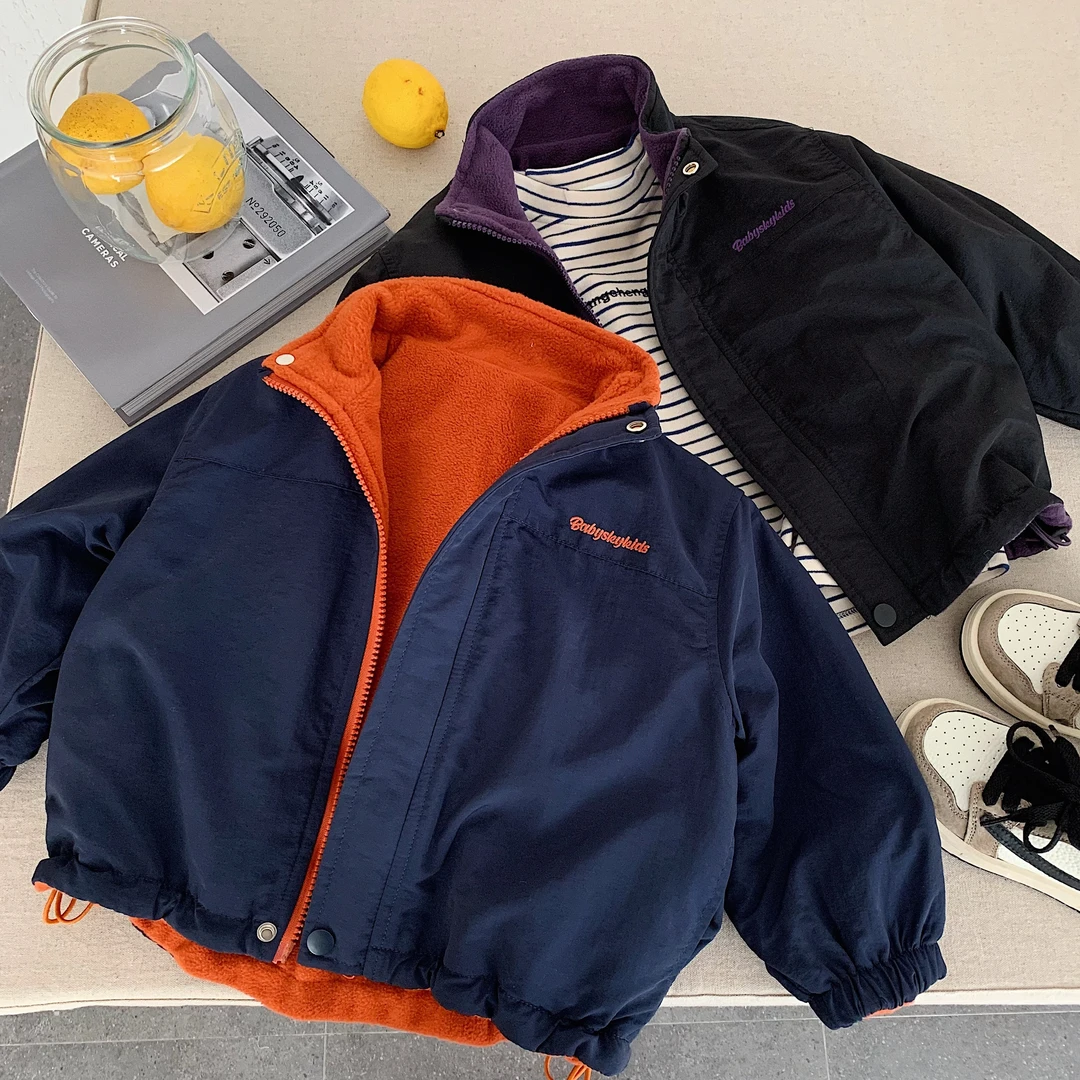 儿童双面穿外套男加绒冬季宝宝贴标毛毛衣保暖小童纯色夹克女洋气