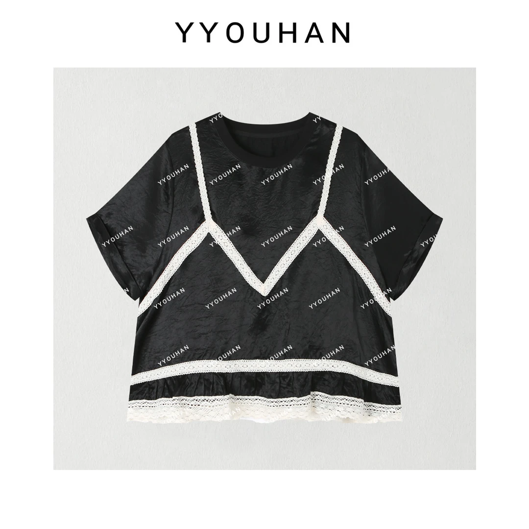 YYOUHAN  2025夏韩版气质蕾丝拼接宽松百搭短袖醋酸上衣2505C3074