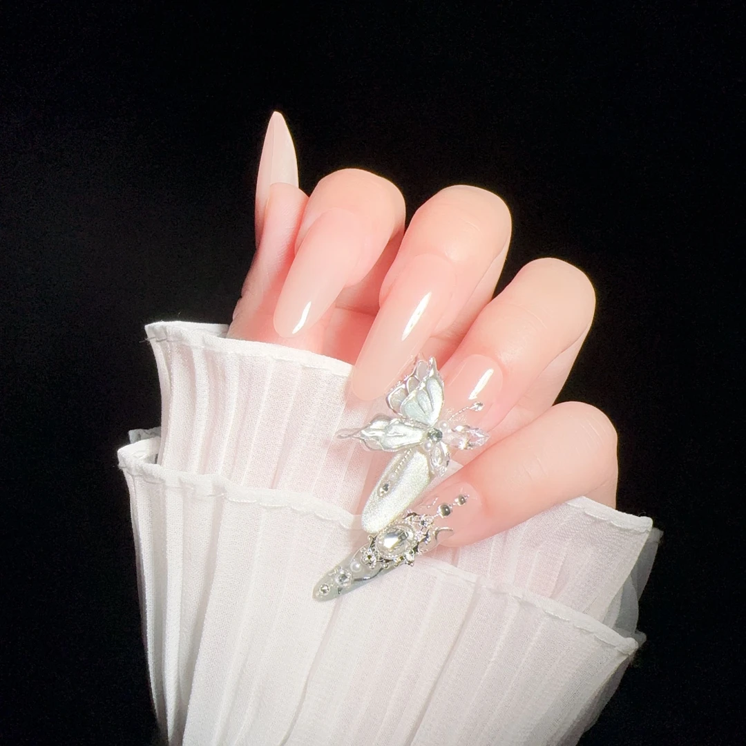 【容蝶妃嬛嬛甲-晓光】新款三短两长宫廷美甲甲片蓝色纯手工穿戴甲