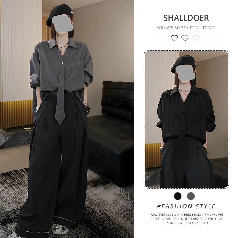 老钱风松驰感套装女2025年春秋新款领结条纹长袖衬衫阔腿裤两件套