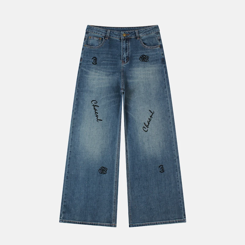 ”山茶花“植绒花烫钻阔腿微喇女款牛仔裤LW5602