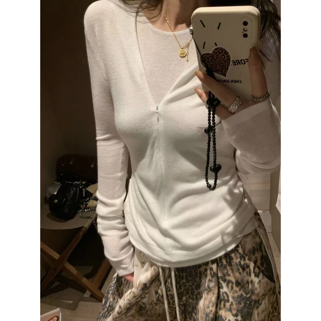 SP 白色拉链假两件针织打底衫女秋季内搭长袖修身显瘦上衣服