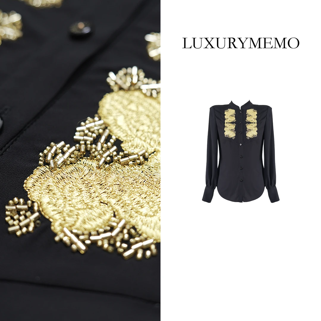 LUXURYMEMO【刘熊熊】秋款长袖时尚黑色中国风金丝重工上衣女外套