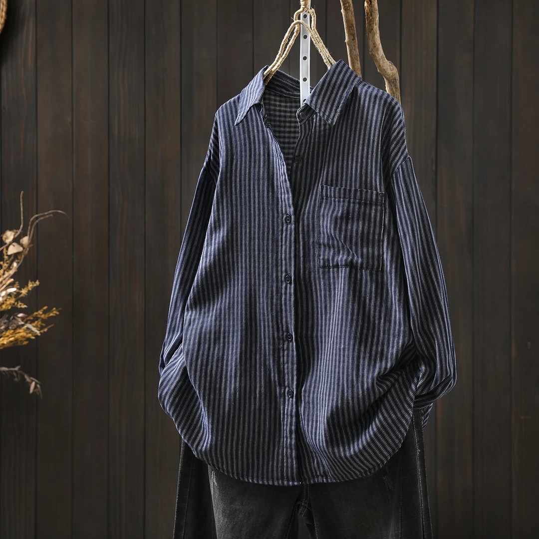 2025早秋新款衬衫女条纹翻领双层棉纱单口袋宽松休闲长袖衬衣外套