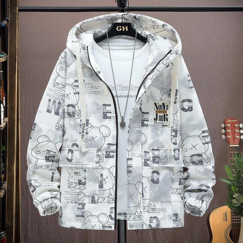 青少年男款春秋季宽松衬衫夹克男潮流帅气连帽格子大码男生外套