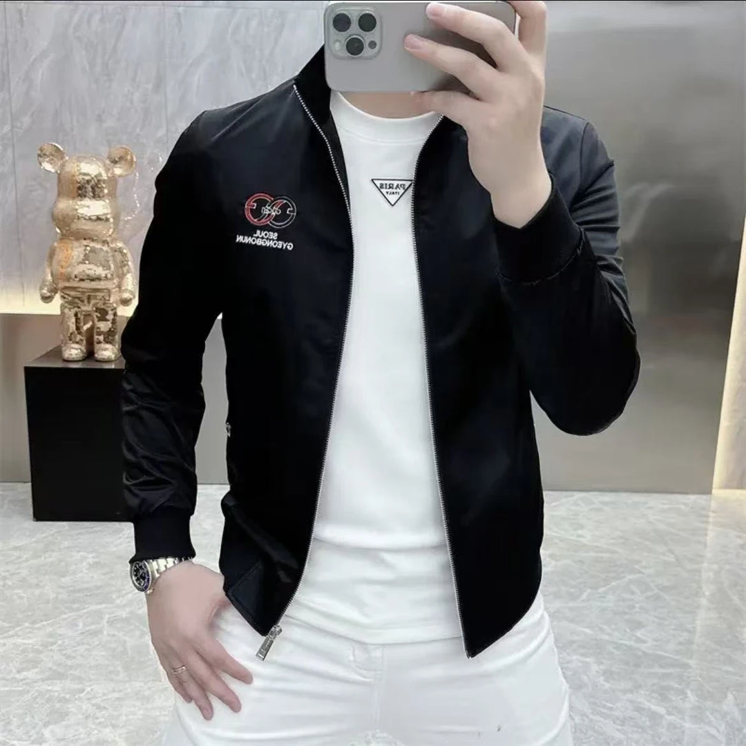 2025春季新款欧洲站男轻奢立领拼色时尚潮牌休闲夹克外套潮流