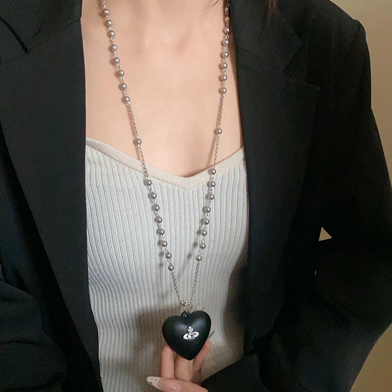 铜合金项链 爱心十字架珍珠款项链小众个性毛衣链高级长款秋冬INS