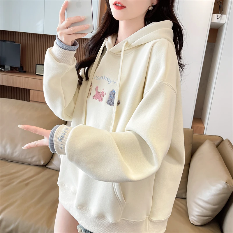 连帽卫衣女2025新款秋冬韩版宽松加绒加厚学生百搭撞色假两件外套