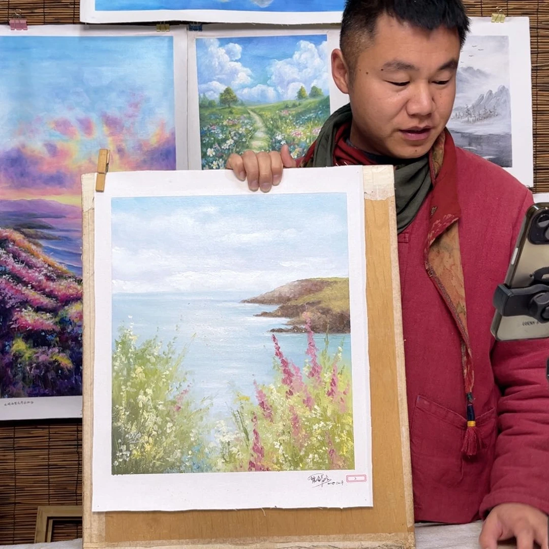 油画行路人小院绘画作品