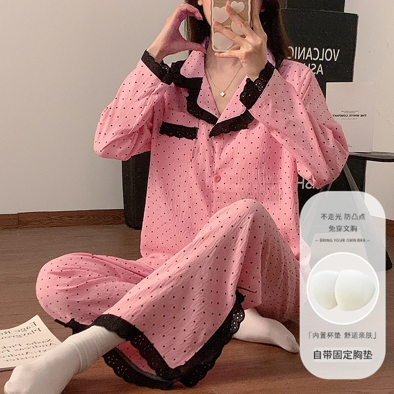 韩版少女甜美蕾丝花边云朵棉睡衣女春秋2025新款长袖家居服两件套